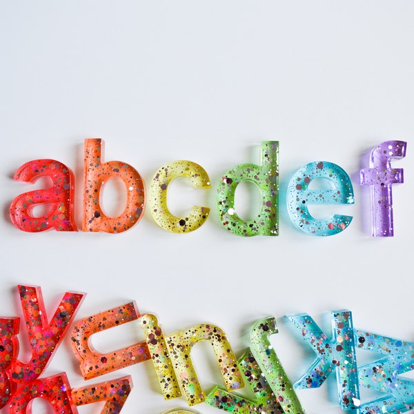 Rainbow Colour Tints & Glitter Set - Resin Letters - Resin Alphabet Set - Uppercase - Lowercase - Resin Numbers - Rainbow Colours