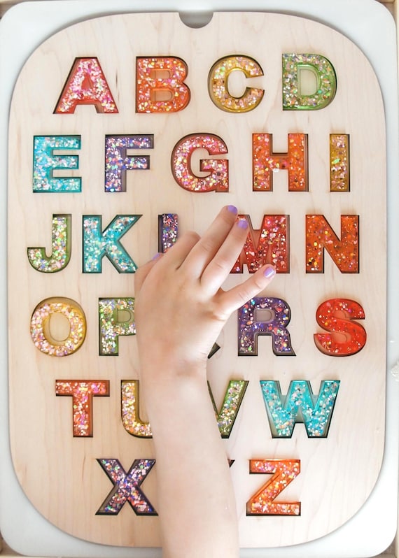 Wooden Alphabet Puzzle Board: Resin Letter Display - Montessori Learning