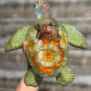 Large 12x12 Handcrafted Aloha Resin Sea Turtle Figurine: Coastal Beach Decor, Floral Accents