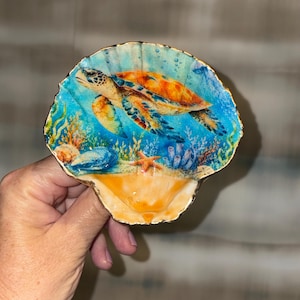 May include: A decorative scallop shell dish featuring a vibrant underwater scene with a swimming sea turtle, coral, and a starfish. The shell has a gold-painted scalloped edge and a smooth, glossy finish, showcasing shades of blue, orange, and yellow.