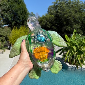 Large 12x12 Handcrafted Green Resin Sea Turtle Figurine: Ocean Coastal Decor, Beach House Statue