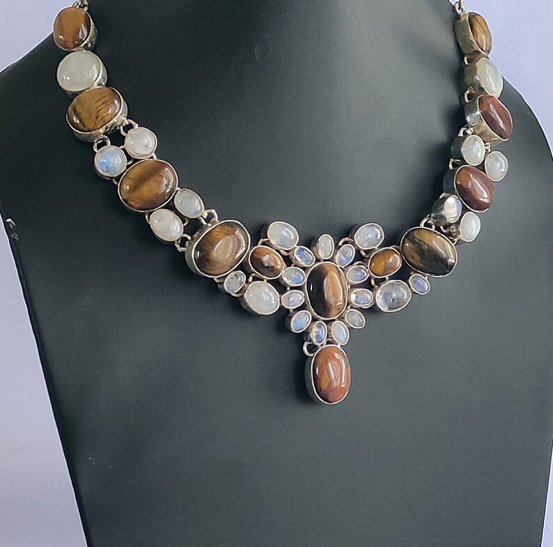 christmas gift new year gift anniversary gift Rainbow Moonstone 925 sterling silver plated handmade necklace Tiger Eye gift for her