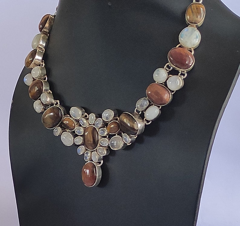 christmas gift new year gift anniversary gift Rainbow Moonstone 925 sterling silver plated handmade necklace Tiger Eye gift for her