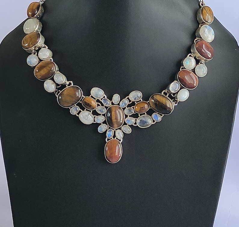 christmas gift new year gift anniversary gift Rainbow Moonstone 925 sterling silver plated handmade necklace Tiger Eye gift for her