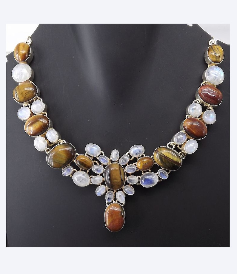 christmas gift new year gift anniversary gift Rainbow Moonstone 925 sterling silver plated handmade necklace Tiger Eye gift for her