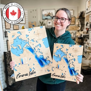 Carte en bois 3D d'Emma Lake – Art bathymétrique artisanal de la Saskatchewan | Fabriqué au Canada
