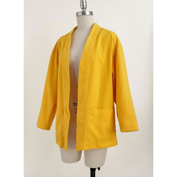 80s 90s Yellow Linen Open Front Jacket | Yellow Linen Blazer with Oversized Pockets | Medium