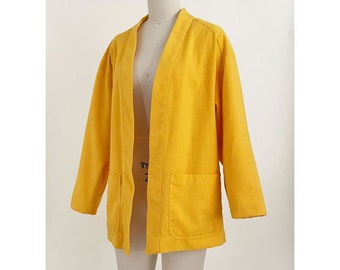 80s 90s Yellow Linen Open Front Jacket | Yellow Linen Blazer with Oversized Pockets | Medium