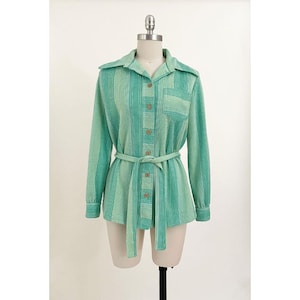 70s Seafoam Green Striped Belted Blouse | Blue Green Knit Tie Waist Boho Button Down Blouse with Butterfly Collar | Medium Large