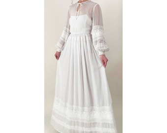 70s White Embroidered Bishop Sleeve Gown | Chuck Howard Union Made Gauze Embroidered Maxi Dress | Small