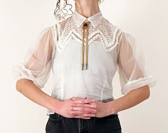 30s 40s Sheer Balloon Sleeve Embroidered Blouse | White Puff Sleeve Button Back Cropped Blouse | XS / Small