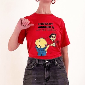 80s Funny Novelty T-Shirt | Instant A**hole Just Add Alcohol Ched by Anvil 50/50 Single Stitch Graphic Tee | 36 Chest