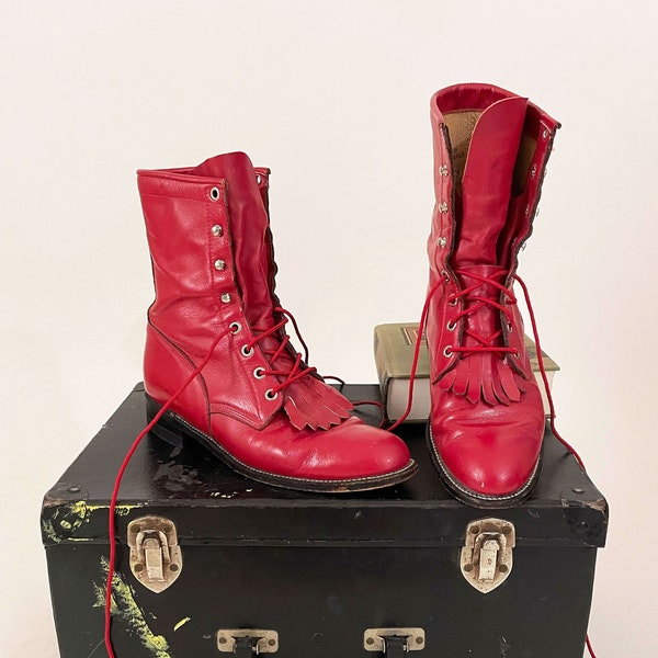 Vintage Justin Red Leather Lace Up Boots | Justin Red Western Leather Kiltie Boots | 8 / 8.5