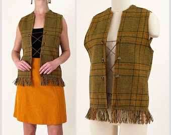 70s Woolrich Plaid Wool Fringe Vest | Rawhide Lace Up Golden Brown Plaid Fringe Vest | Small