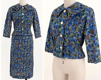 1950s Rontini 2 Piece Skirt and Blouse Set | Blue Floral Skirt Suit | 50s Matching Set | Small / S