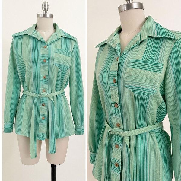 70s Seafoam Green Striped Belted Blouse | Blue Green Knit Tie Waist Boho Button Down Blouse with Butterfly Collar | Medium Large