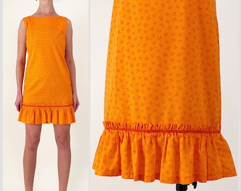 60s Hawaiian Orange Ruffle Minidress | Sun Babies Ditsy Floral Mod Ruffle Hem Shift Dress | XS / Small