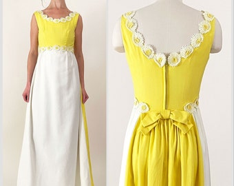 60s Emma Domb Mod Floral Maxi Dress | Union Made Yellow White Daisy Appliqué Scoop Back Gown | XS
