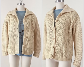 Vintage Hand Knit Wool Cardigan with Pompom Buttons | Popcorn Cable Knit Ivory Beige Wool Fisherman Sweater | Medium