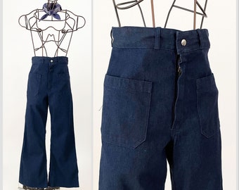 Vintage Seafarer Navy Denim Utility Trousers | 80s High Waisted Wide Leg Sailor Pants | 29 Waist