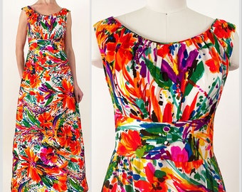 70s Hawaiian Abstract Floral Maxi Dress | Neon Orange Floral Empire Waist Hostess Dress | Small