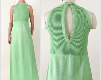 70s Green Knit High Neck Maxi Dress | Knits by Don Mint Keylime Mod Knit Halter Dress | Small Medium
