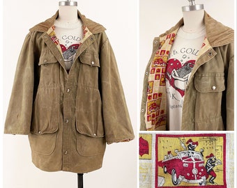 Vintage Duck Canvas Firefighter Coat | Fireman Novelty Print Canvas Corduroy Chore Coat | XL