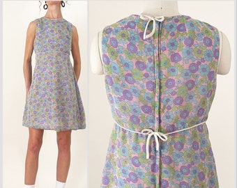 60s Purple Mod Floral Minidress | Terri Petites Pastel Floral 60s Shift Dress | Small