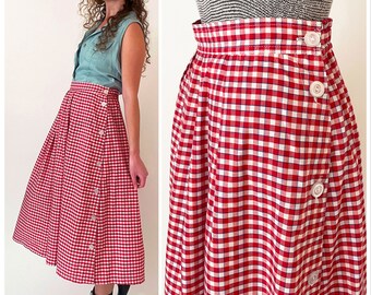 Vintage 1950s Skirt Gingham Navy and White Circle Skirt With Ruffle XS 25 Waist