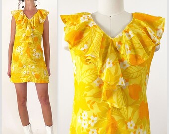 60s Mod Yellow Floral Minidress | Lemon Yellow Ruffle Neck Micro Minidress | XS