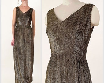 70s Gold Metallic Gown | Gold Lurex V-Back Maxi Dress | Small