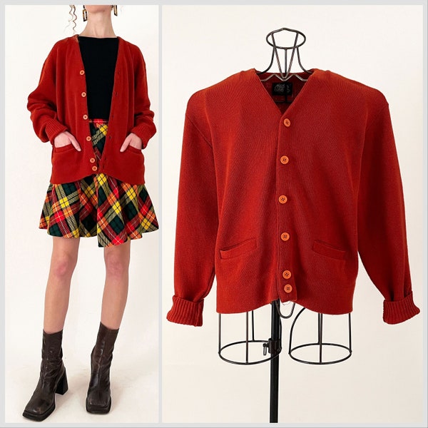 70s Red Acrylic Knit Cardigan | Studio One by Campus Burnt Red Button Down Cobain Cardigan | Large / XL