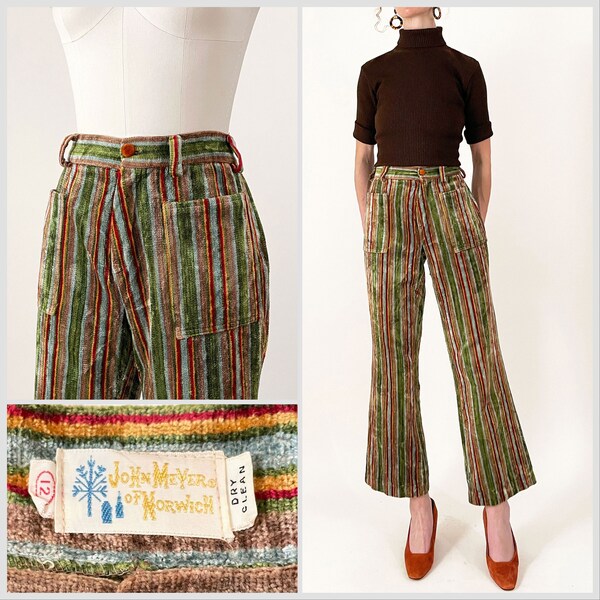 60s John Meyer Chenille Striped Wide Leg Pants | John Meyer of Norwich Green Striped Velvet Mod Sailor Wide Leg Trousers | 28 / 29 Waist |