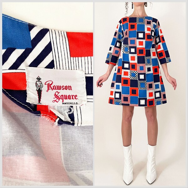 60s Mod Geometric Print Shift Dress | Rawson Square Blue Orange Op Art Squares Minidress | Large