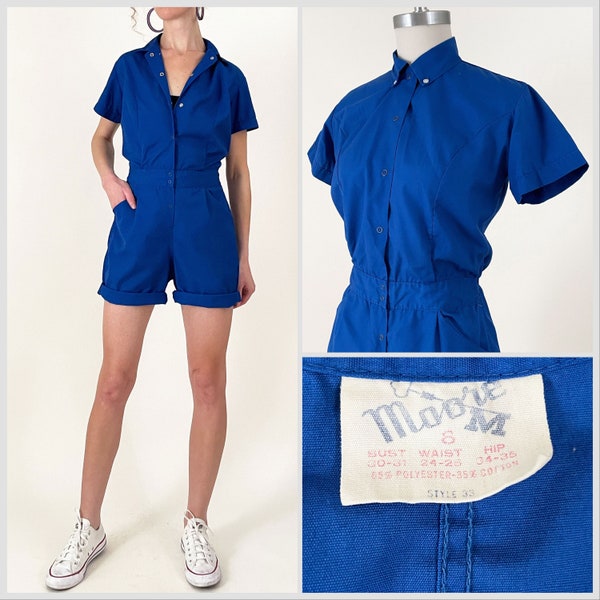 60s Moore Gym Suit | Romper | Royal Blue Snap Button Moore Gym Uniform | Medium