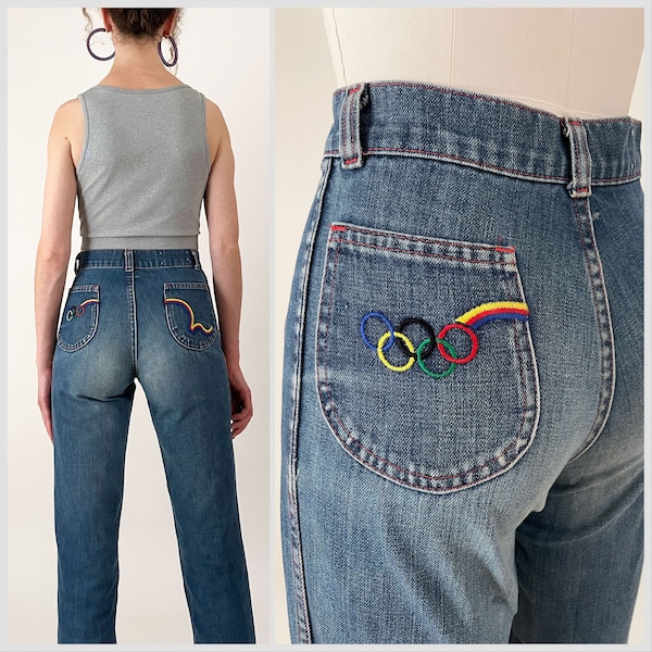 70s Rainbow Stitch Olympic Ring Jeans | High Waisted Olympic Ring Pocket Scovill Zip Straight Leg Jeans | 24 / 25