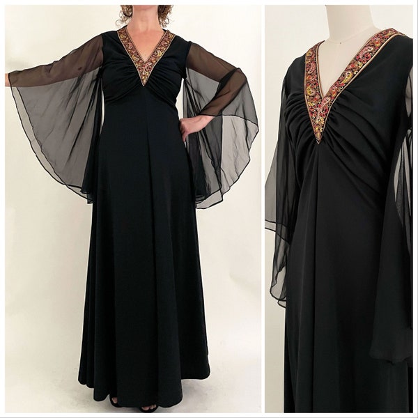 1970s Black Angel Sleeve Gown with Metallic Collar | Jersey Knit Formal Evening Dress with Sheer Chiffon Angel Sleeves | M / L