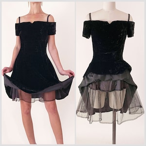 80s Black Velvet Party Dress | Roberta Off the Shoulder Sweetheart Velvet Tulle Fit and Flare Dress | Small