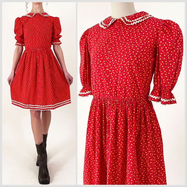 60s Red Floral Puff Sleeve Minidress | Ditzy Floral Mod Ric Rac Prairie Dress | Medium Large