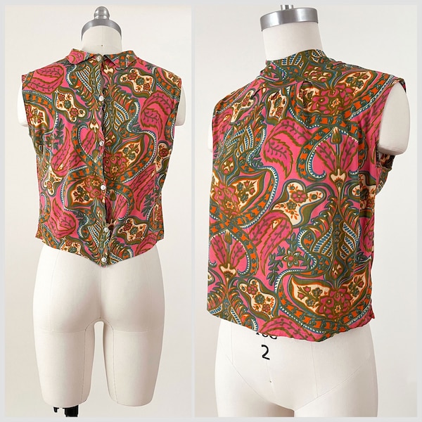 60s Pink Psychedelic High Neck Blouse | Boho Mod Paisley Psych Print Slinky Knit Button Back Top | Small