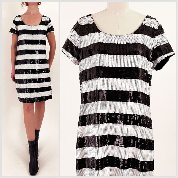 Vintage Betsey Johnson Black and White Sequin Shift Dress | Betsey Johnson Striped Sequined Minidress | Large