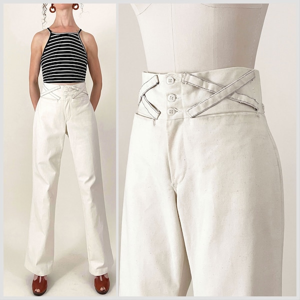 70s White Canvas Sailor Pants | High Waisted Criss Cross Wide Leg Sailor Pants | 31 X 32