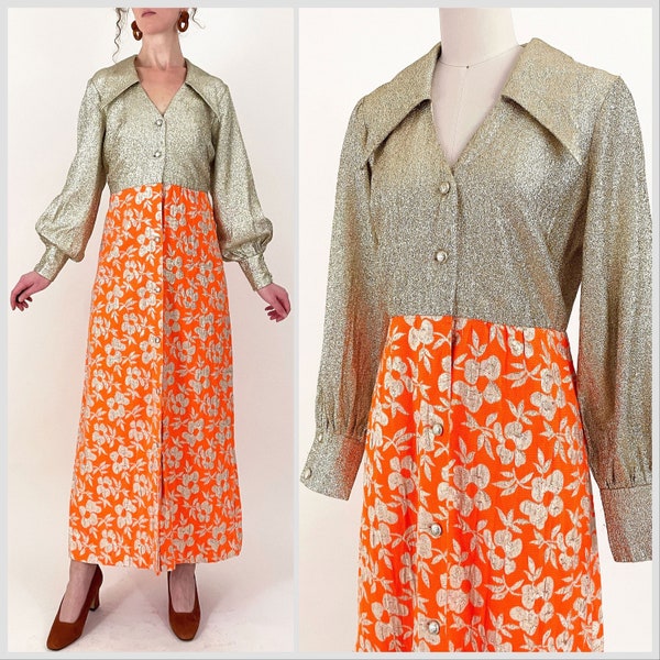 60s 70s Gloria Moret Metallic Floral Maxi Dress | Holly Gloria Morét Orange Gold Metallic Bishop Sleeve Hostess Dress | Medium