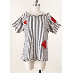 60s Ticking Stripe Patchwork Novelty Blouse | Hickory Stripe Cut Out Heart Patchwork Top | Large / XL