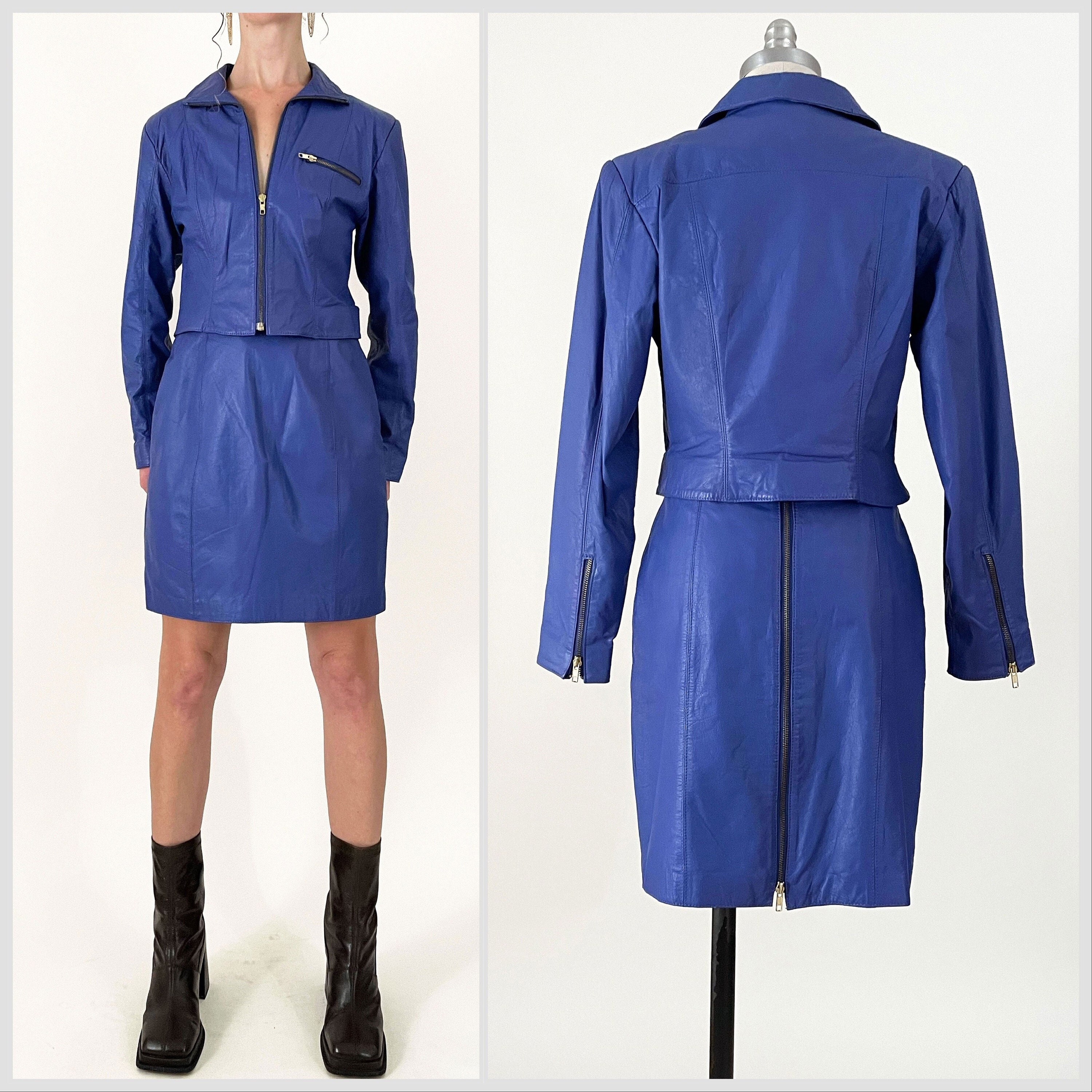 80s Blue Purple Leather Skirt and Jacket Set | Avon Fashions Leather Pencil Skirt and Cropped Jacket 2 Piece Matching Set | Small