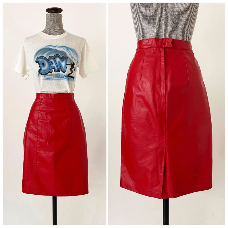 Small 80s Red Leather Pencil Skirt High Waisted Above The Knee Red Leather Skirt S 26 Waist