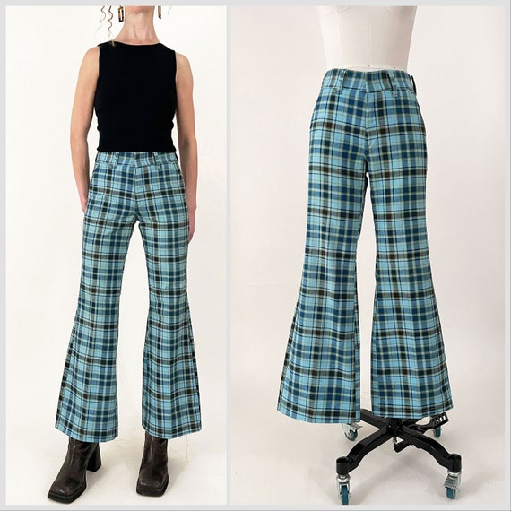 60s 70s JC Penney Blue Plaid Bell Bottoms - image 1