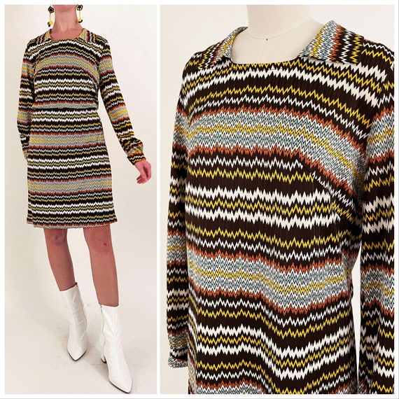 60s Abstract Zig Zag Psychedelic Shift Dress | Te… - image 1