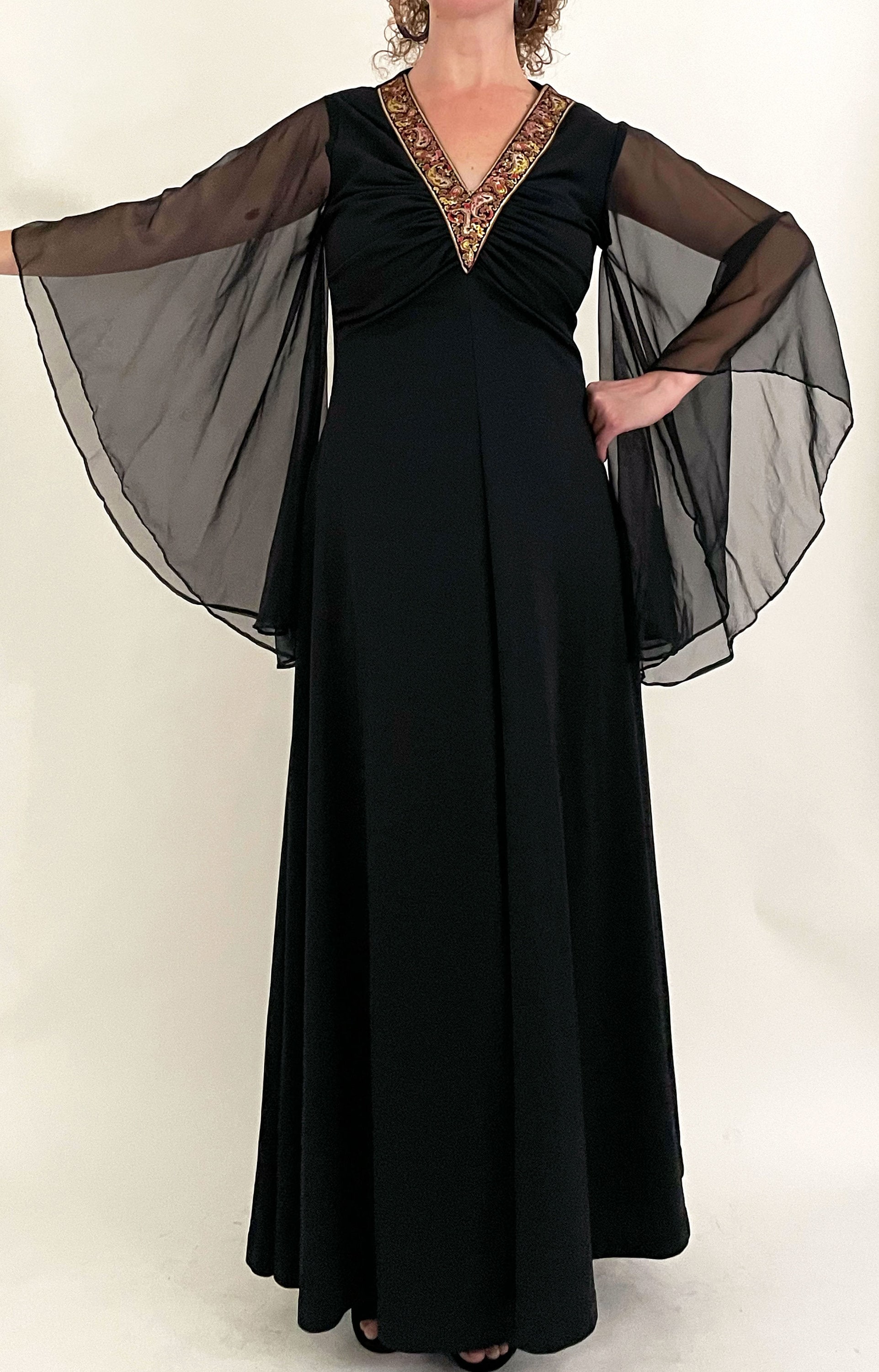 1970s Black Angel Sleeve Gown With Metallic Collar Jersey - Etsy