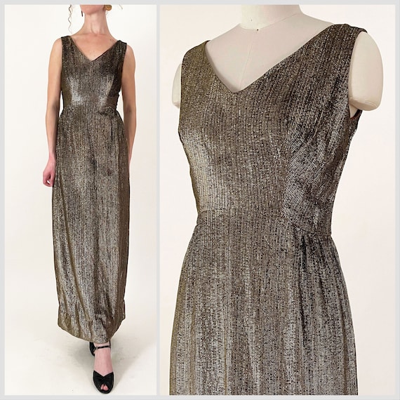 70s Gold Metallic Gown | Gold Lurex V-Back Maxi D… - image 1